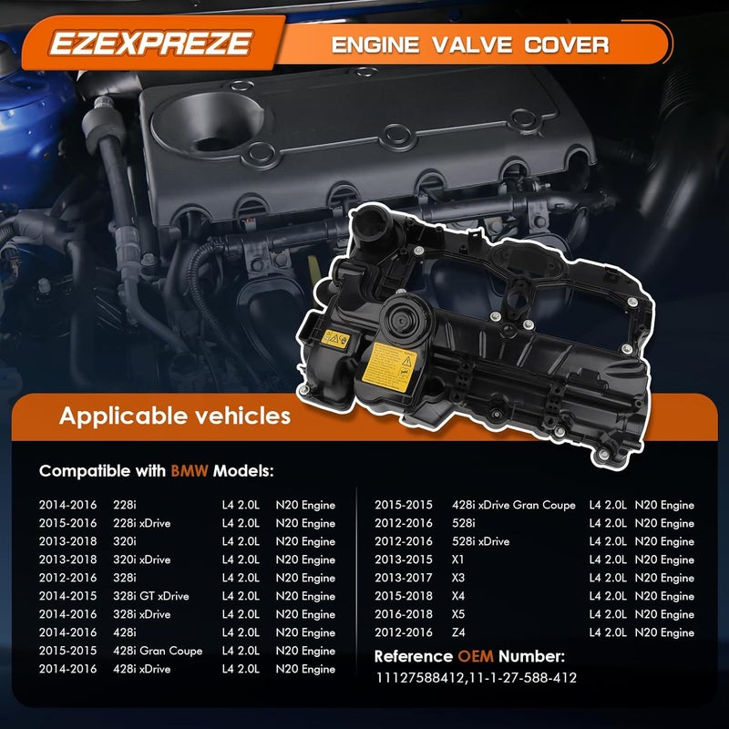 E EZEXPREZE Ezexpreze 2.0L Turbo N20 Engine Valve Cover with Oil Filler Cap & Gasket & Bolts Compatible with 2012-2018 BMW 228i 320i 328i 428i 528i X1 X3 X4 X5 Z4 (Included GT/xDrive) - Image 2
